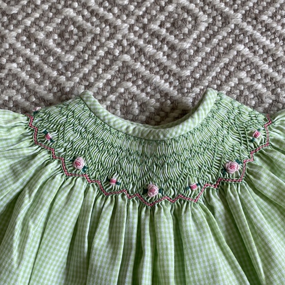Bow Peep smocked pale green dress with light pink detail and matching bloomers - Picture 3 of 4